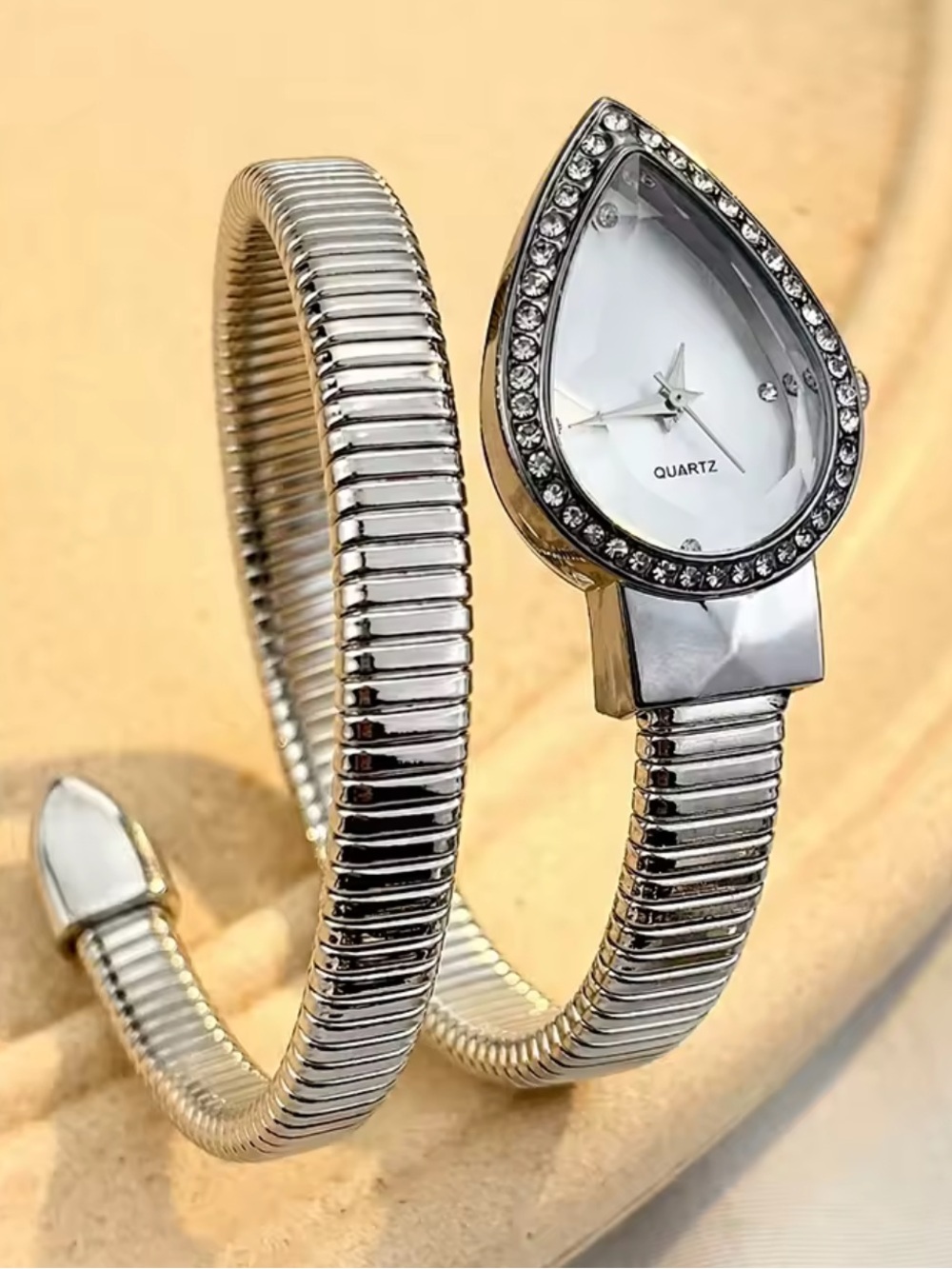 Kohl's Silver Teardrop Coil Bracelet Watch with Crystal Accents